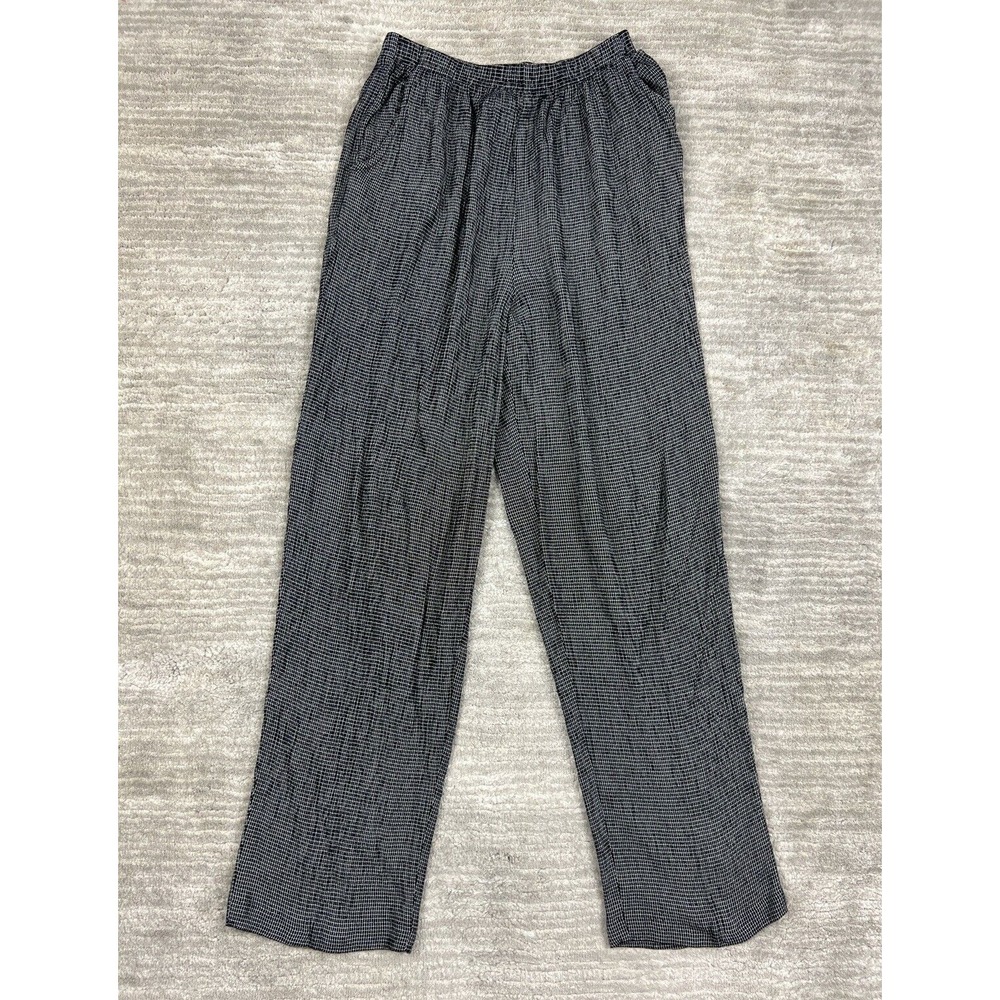 Teddi Pants Women 10 Black White Micro Grid Check Elastic Waist Straight Leg USA